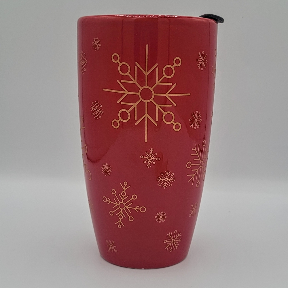 Red Snowflake Ceramic Travel Mug w Lid Holiday Christmas Coffee Tumbler